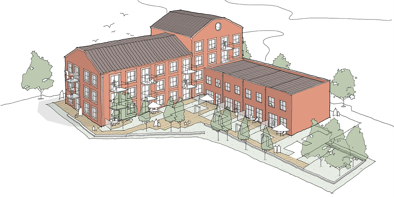Arkitektens skiss över kvarteret.