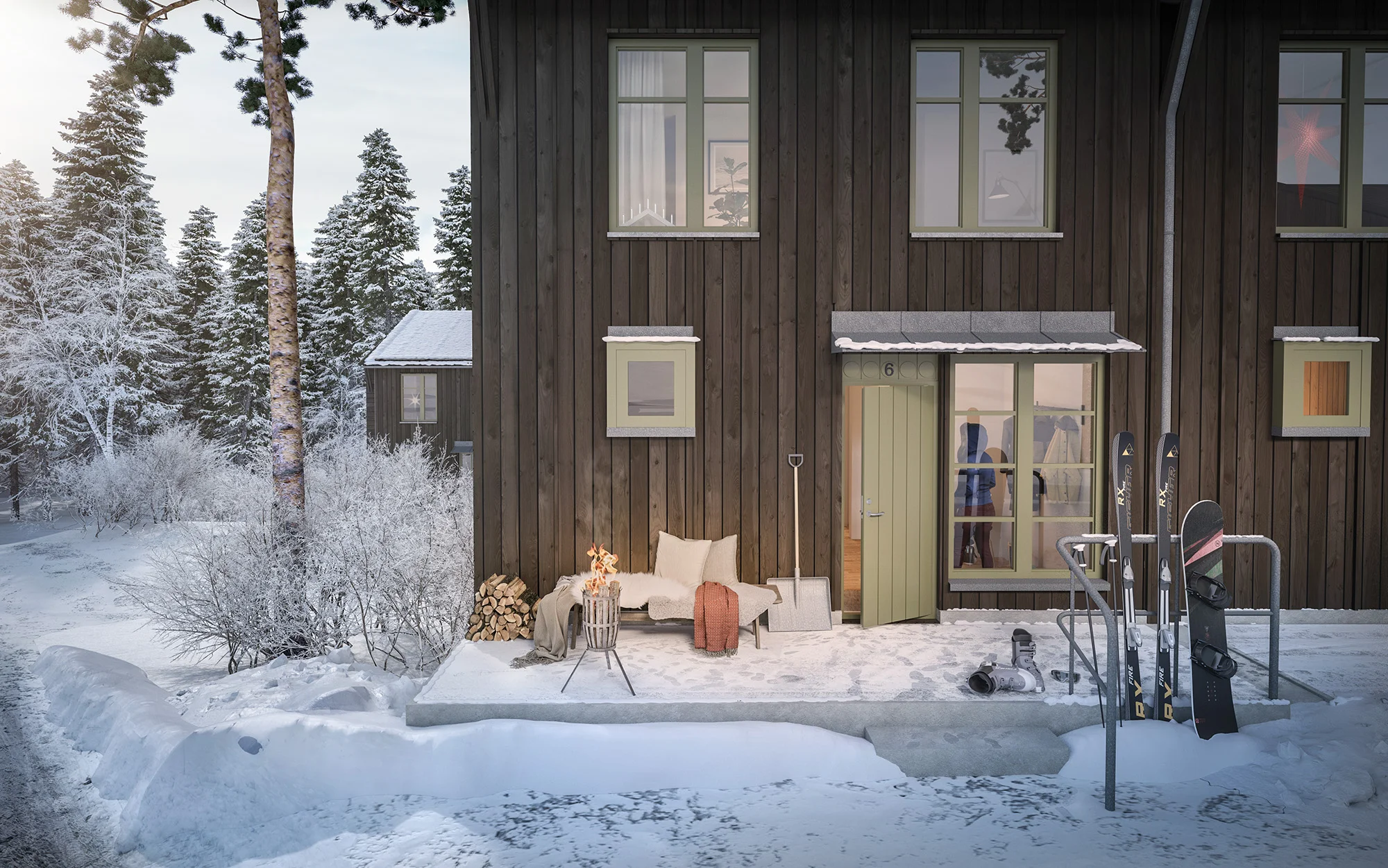 Mörkbetsat trähus i snö med eldkorg, fårskinn och skidor vid entrén.